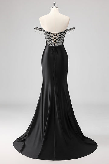 Sparkly Black Mermaid Off the Shoulder Beading Long Prom Dress with Slit